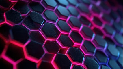 Abstract dark hexagons with pink and blue glow