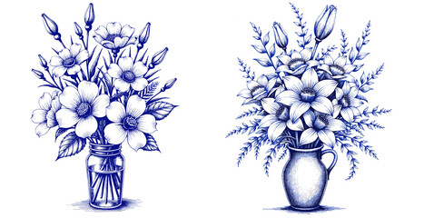 A set of vintage sketches of flower arrangements in vases, done in blue ink on paper, for International Women's Day