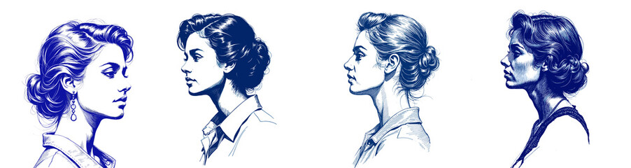 Set of Profile sketches of women in blue ink for International Women&rsquo;s Day  