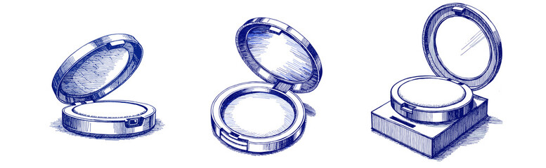 Set of Vintage sketch of cosmetic compact with blue ink for International Women's Day  