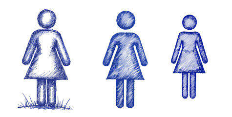 Set of Vintage sketch of female symbols in blue ink style  