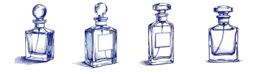 Set of Vintage sketch of perfume bottles in blue ink design  