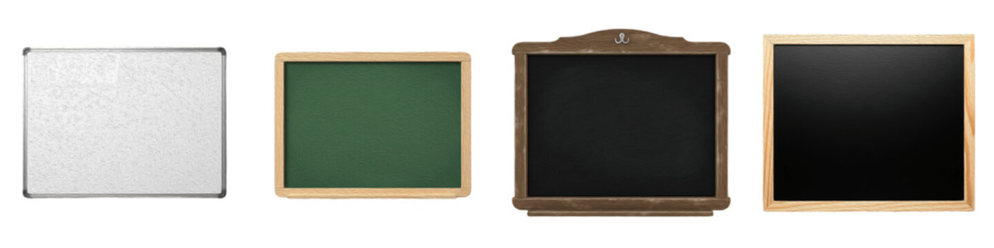 Isolated Chalkboard and Whiteboard PNG Set, Blank Green Blackboard and Black Notice Board Templates with Wooden Frames, Realistic Office and School Stationery Bundle