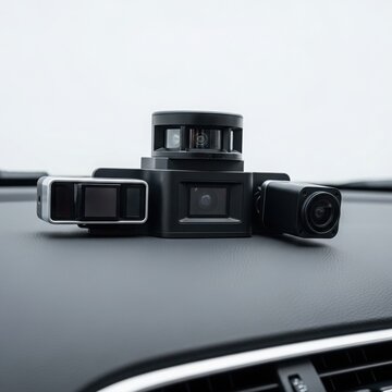 Automotive sensors and cameras for autonomous driving, Close-up of autonomous driving sensor suite on car dashboard, including LiDAR, wide-angle cameras, and depth sensors, modern driverless vehicle
