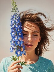 Naklejka premium Young woman with wild hair holding blue flower outdoors, Portrait of a young Caucasian woman outdoors with wind-blown hair holding a tall blue delphinium flower in front of one eye, soft sunlight