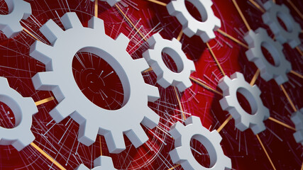 Industrial Gears Interconnected Network Concept With White Cogs On Red Background And Digital Lines