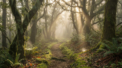 Obraz premium Misty Forest Path Morning Light. Enchanting forest trail disappearing into morning mist with sunbeams filtering through trees