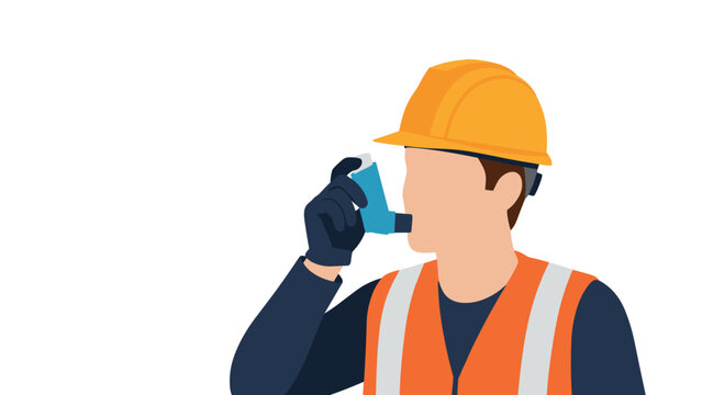 Construction worker in a hard hat and safety vest using an asthma inhaler, highlighting occupational health challenges and respiratory conditions in the workplace.