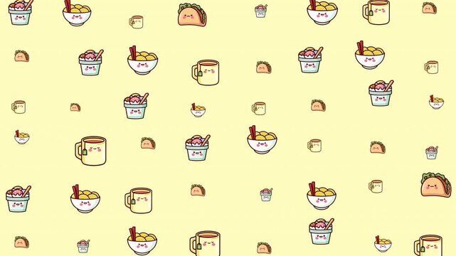 Pattern of tacos, noodles, coffee, and drink cups. Ideal for food blog backgrounds, restaurant menus, or social media posts.