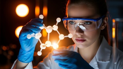 Female scientist studies molecular structure in lab setting with safety gear