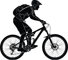 Naklejka premium Mountain bike silhouette, cyclist riding uphill, outdoor adventure sport, helmet safety gear, off-road cycling, vector illustration