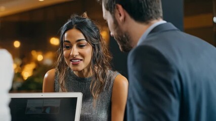 Medium shot of a consultant showcasing exclusive event travel packages on a laptop to excited clients preparing for a special occasion.