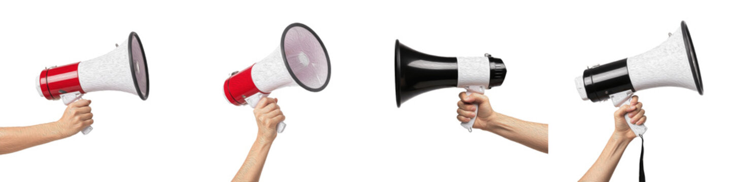 Megaphone Hand PNG Set, Isolated Realistic Bullhorn Loudspeaker Bundle, Person Holding Red and Black Megaphones, Protest Announcement Marketing Graphic Elements
