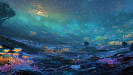 Naklejka premium Fantasy landscape with glowing mushrooms