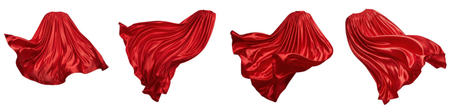 Isolated Red Cape PNG Set, Realistic Flying Superhero Cloak, Shiny Satin Red Fabric Fluttering in Wind, Heroine Costume Drapery 3D Render, Vibrant Cloak Apparel