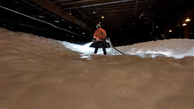 Medium shot of operator handling vacuum compression of polystyrene foam scraps showcasing volume reduction process in sustainable recycling practices.