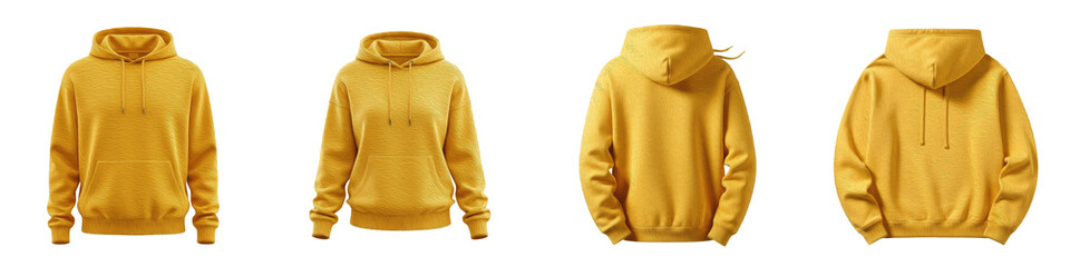 Yellow Hoodie Mockup PNG, Isolated Mustard Blank Sweatshirt Template, Front and Back View Pullover, Realistic Fabric Texture, Unisex Casual Sportswear Apparel Set © Usman