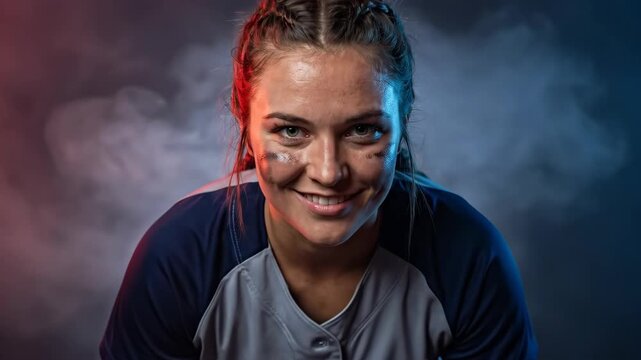 caucasian female softball player crouching in ready position with glove. studio portrait with smoke and colored lights. sport media day concept. 