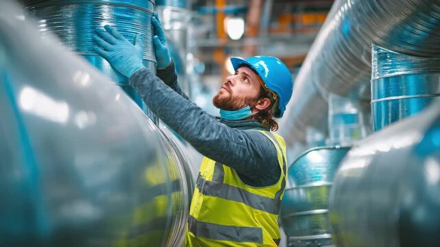 Medium shot of an engineer performing ventilation system maintenance in an industrial facility to enhance air quality and system reliability.