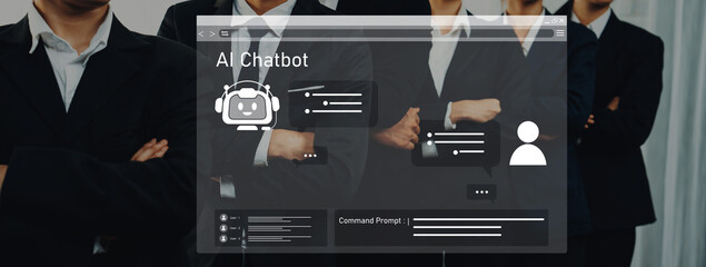 A professional business team engages in discussion about AI chatbot technology, surrounded by modern digital interface elements, showcasing teamwork and innovation. Trope