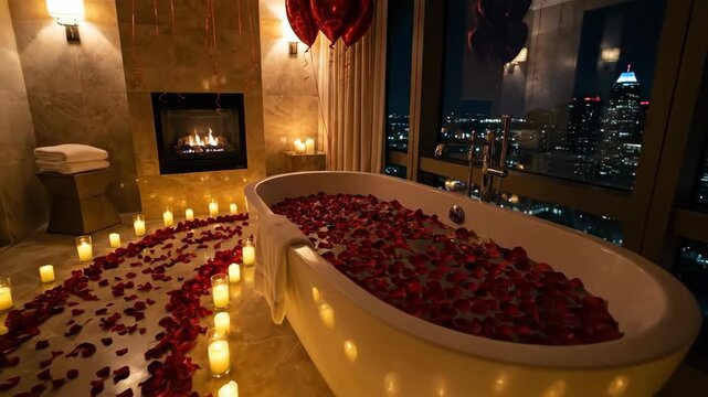 romantic luxury bathroom decor with red heart balloons, candles and rose petals path to bathtub. night city view and fireplace. valentine day celebration. honeymoon, anniversary date.
