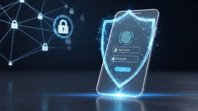 A digital shield surrounds a smartphone displaying a login screen with a fingerprint icon A network of connected padlock symbols is in the background