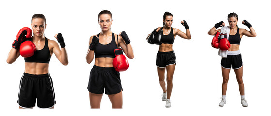 Collage of a powerful female boxer in various dynamic poses isolated on a white background.