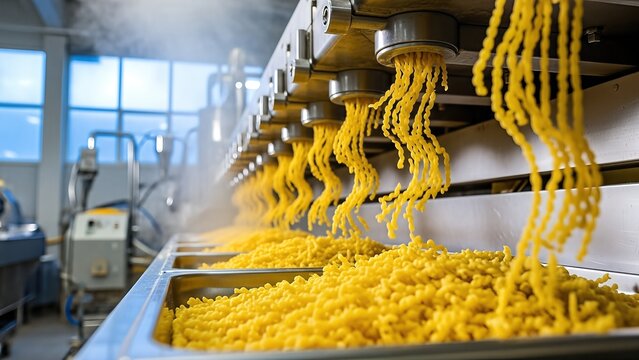 Industrial food production line featuring freshly extruded pasta being processed in a modern facility, showcasing machinery and steam in a busy manufacturing environment