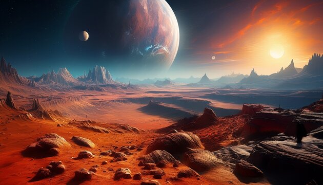 expansive alien landscape on ganymede featuring rocky plains and jupiter dominating the sky