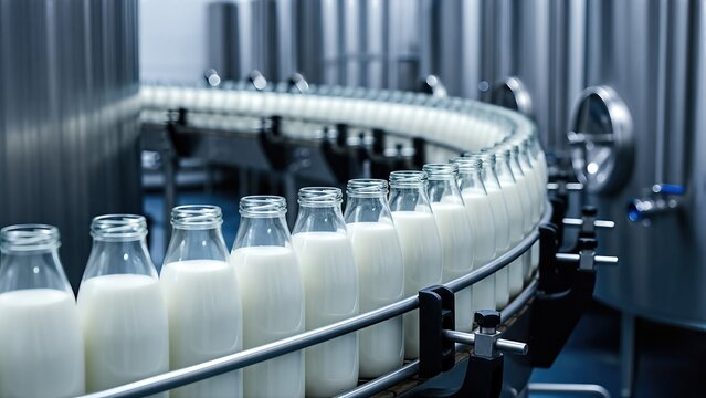 Bottles of fresh milk on a conveyor belt in a modern dairy production facility, showcasing the automated process of food production and quality control in action
