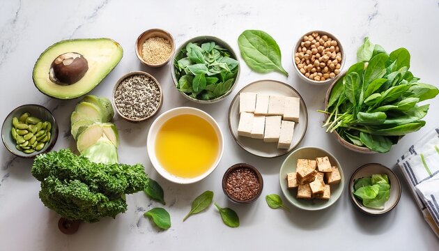 healthy vegan food ingredients including tofu tempeh avocado and leafy greens arranged on a bright kitchen tabletop - Powered by Adobe