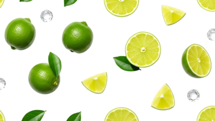 Limes and lime slices with leaves and ice cubes isolated on a transparent background green limes yellow limes 1