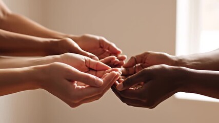 Close-up of female hands giving and receiving support. Give to Gain concept for International Women’s Day, inclusion, equality, solidarity, corporate values and human connection.