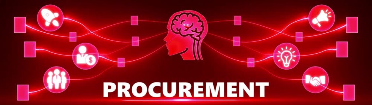Procurement concept with glowing red network connecting icons around a human head with a brain illustration on a dark red background