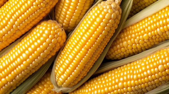 Top view of several corn cobs arranged neatly, bright yellow color, farm vegetable texture background 