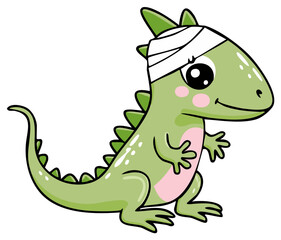 Obraz premium Cartoon dinosaur with head injury wearing bandage, cute illustration