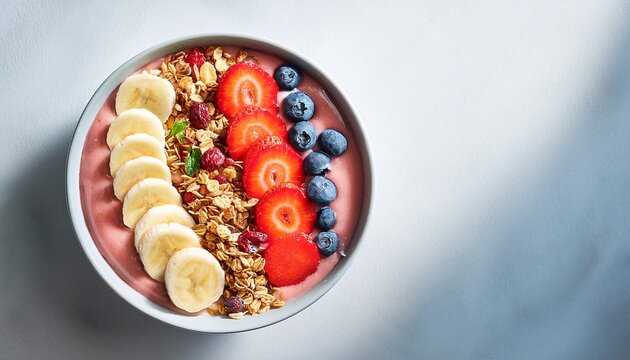 a vibrant and healthy breakfast smoothie bowl topped with fresh strawberries blueberries bananas and crunchy granola seen from above in bright morning sunlight - Powered by Adobe