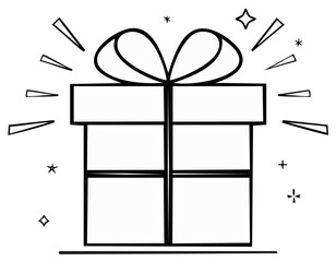 Gift Box Simple Line Art with Bow and Sparkles for Holiday or Birthday Present Illustration