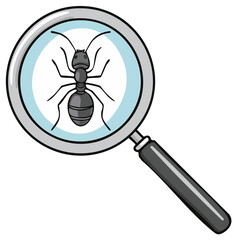Magnifying glass examining an ant cartoon illustration