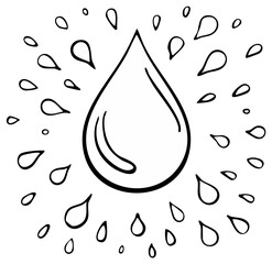 Hand-drawn water drop with splashes and droplets radiating outwards