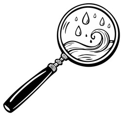 Magnifying glass reveals water droplets and flowing waves creating a unique symbol for aquatic exploration and environmental awareness