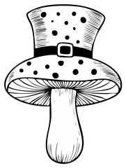 Illustration of a mushroom wearing a dotted top hat with a buckle
