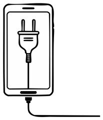 Smartphone displaying charging plug connection icon doodle line art on screen