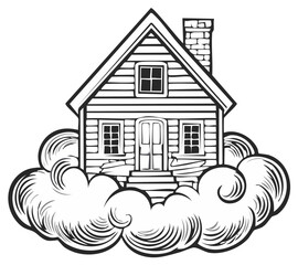 Dreamlike tiny home rests on cloud in black and white illustration, home on clouds concept