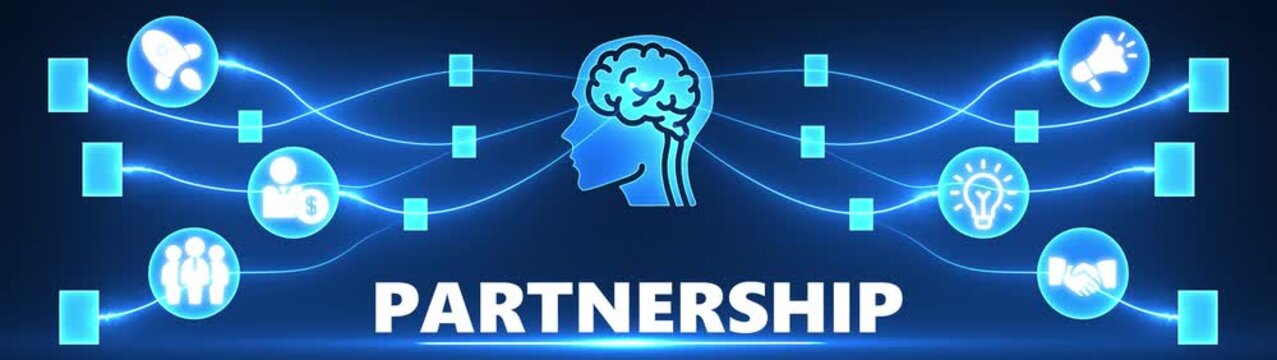 Partnership concept with glowing blue network connecting icons around a human head with a brain illustration on a dark blue background