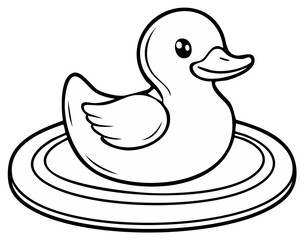 Rubber Duck Toy in Circular Pool Illustration, Clean Lines, Simple Black and White Vector Art
