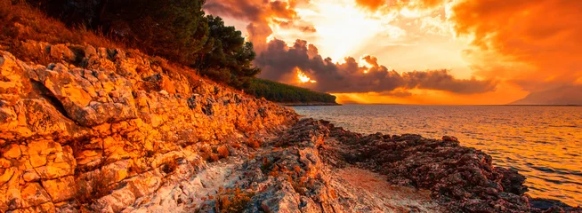 Fotobehang Diep Oranje sea summer landscape, popular croatian place - Premanture peninsula national park near Pula, Kamenjak cape, Croatia, Europe, Istria,,, exclusive - this image is sold only on Adobe stock  © Rushvol