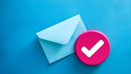 3d blue envelope with pink checkmark symbol on light blue background representing message confirmation
