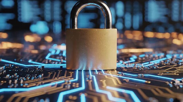Open gold lock on computer circuit board with glowing blue connections and blurred background representing cybersecurity and data protection measures in digital networks