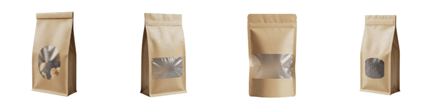 brown kraft paper bag, coffee pouch with window, standing zipper doypack, food packaging mockup, heat seal bag, recycled paper, isolated on white, tea sack, eco friendly